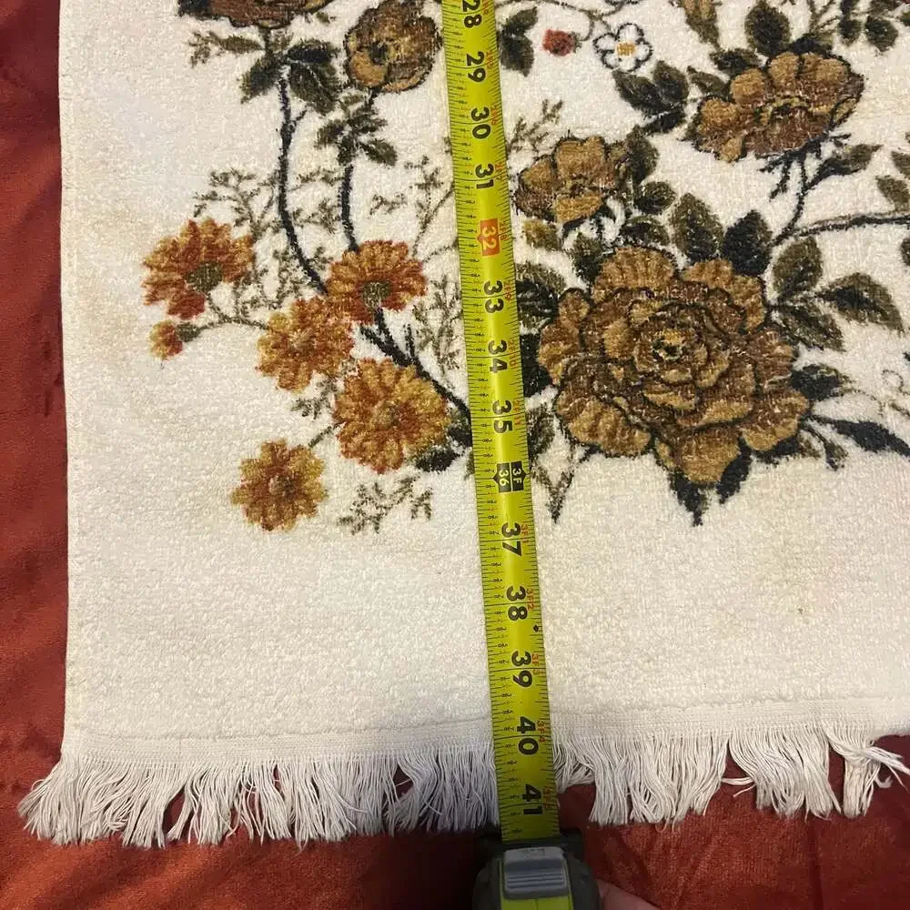 VTG 70s Cannon Royal Family Fringed Floral Towel Green Brown Orange Yellow 22x41
